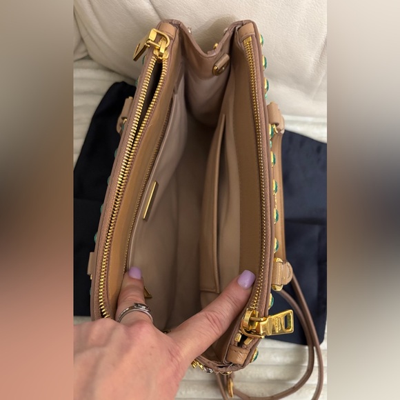 Prada Beige Saffiano Satchel with Turquoise Crystal Studs - Picture 11 of 16